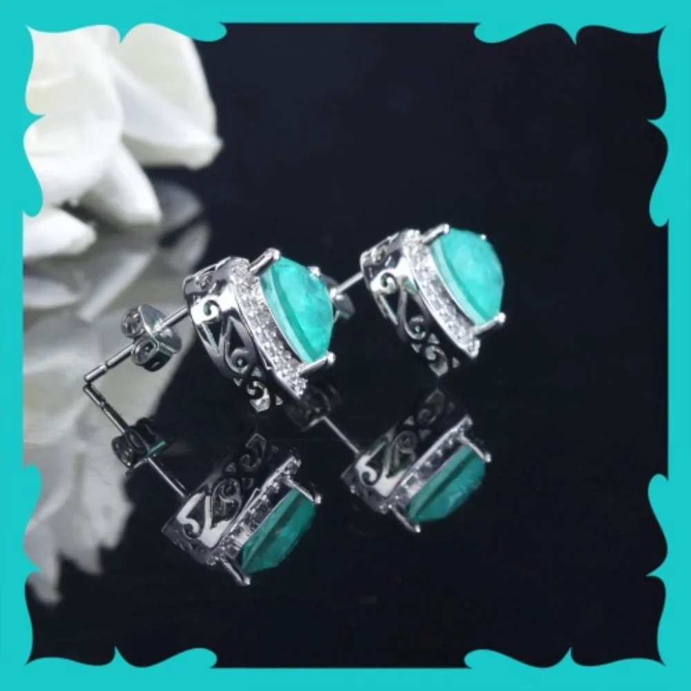 Gorgeous Brazilian Neon Blue Paraiba Tourmaline 3pc Jewelry Set not 925 - Picture 5 of 10